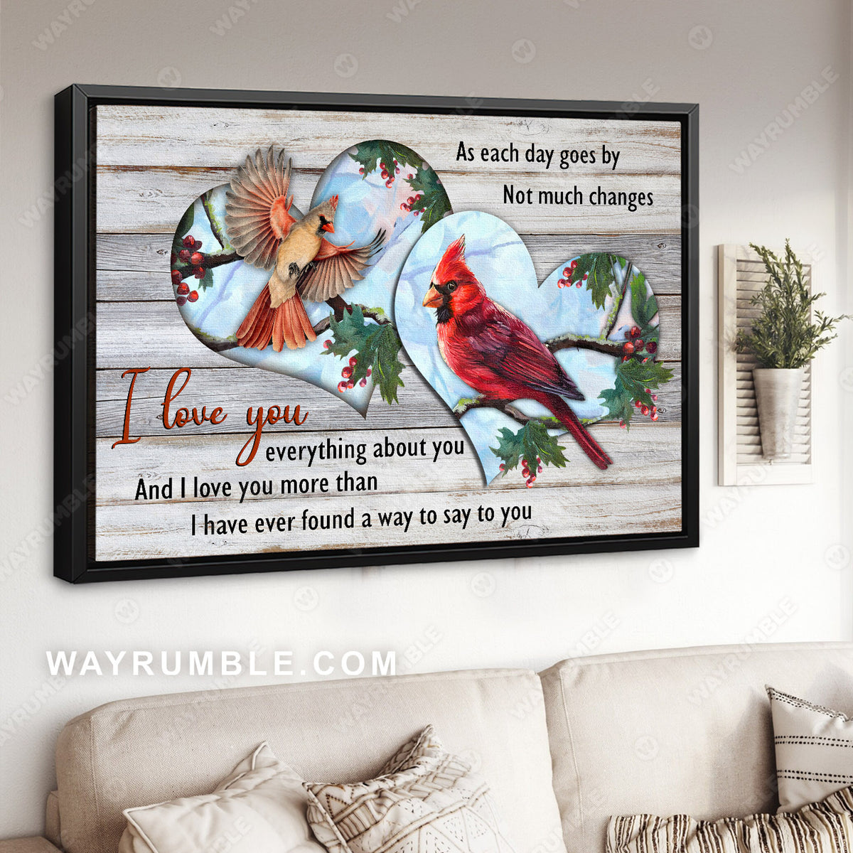 Heart shape, Cardinal couple, Cranberry tree, I love you everything about you - Couple Landscape Canvas Prints, Wall Art