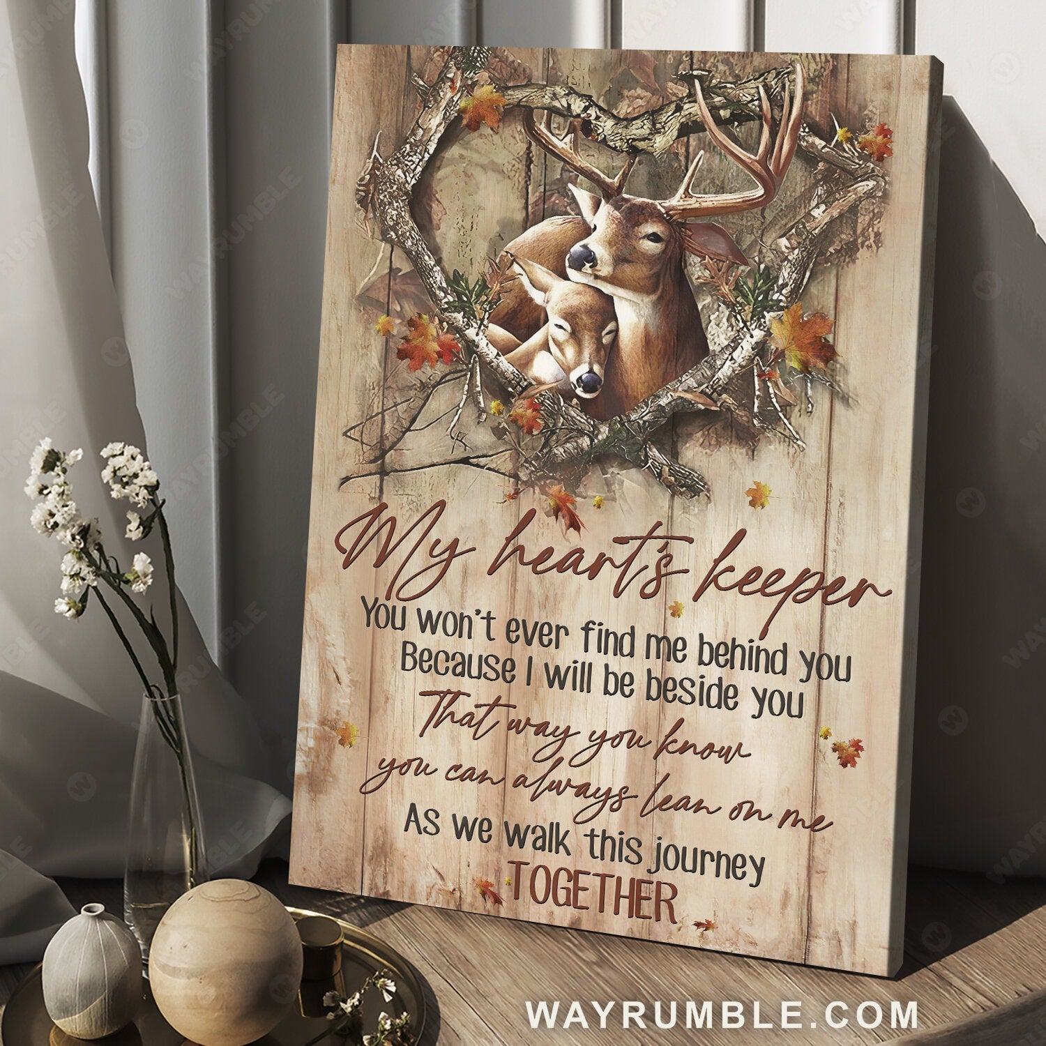 Brown deer drawing, Heart of thorn, Maple leave, Because I will be beside you - Couple Portrait Canvas Prints, Wall Art