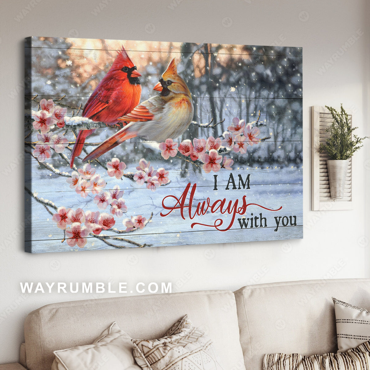 Peach blossom, Pretty cardinal Winter forest, I am always with you - Couple Landscape Canvas Prints, Home Decor Wall Art