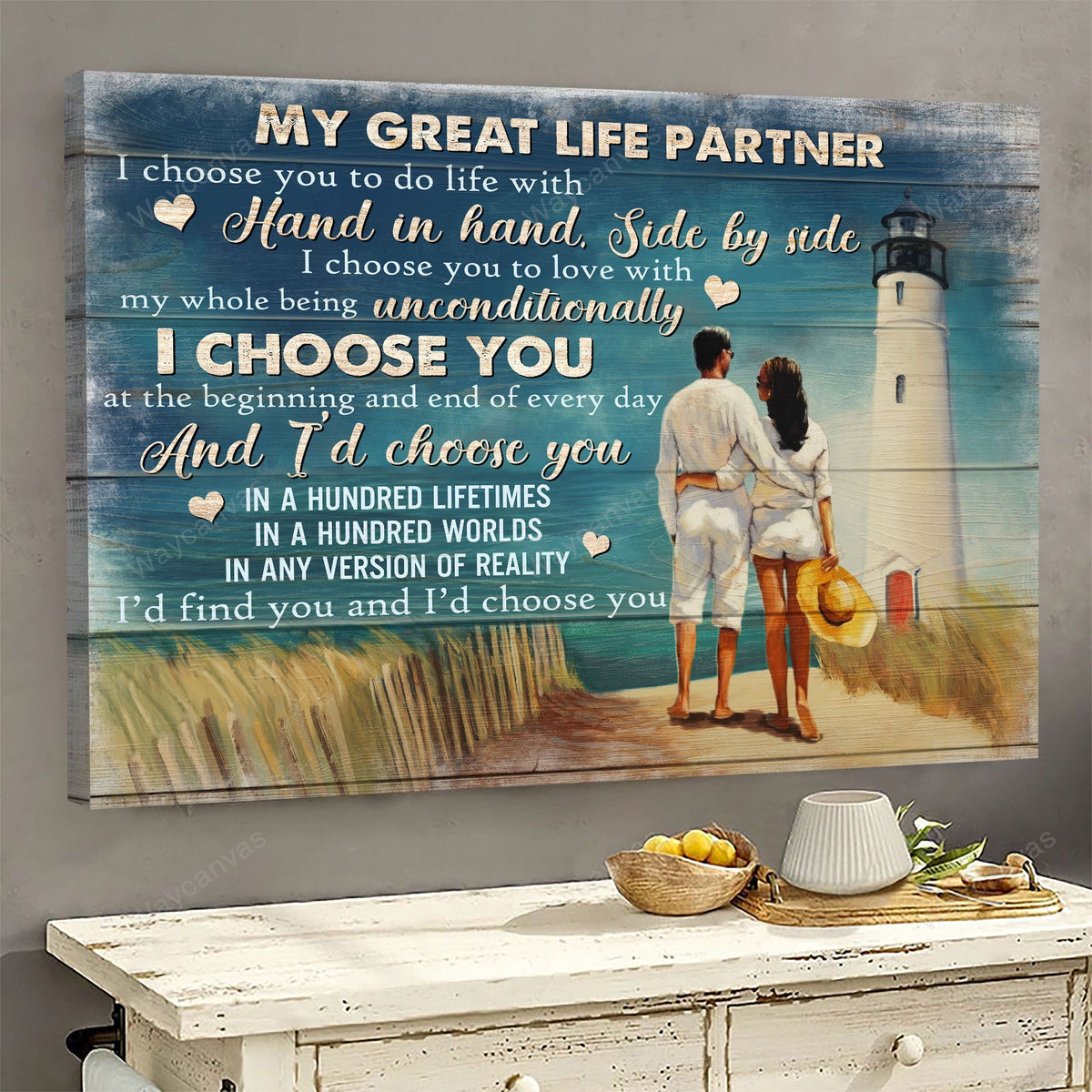 Happy Couple, Lighthouse, Beach, My great life partner, I choose you to do life - Couple Landscape Canvas Prints, Wall Art