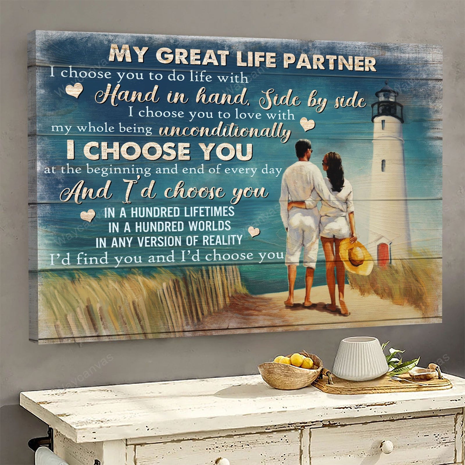 Happy Couple, Lighthouse, Beach, My great life partner, I choose you to do life - Couple Landscape Canvas Prints, Wall Art