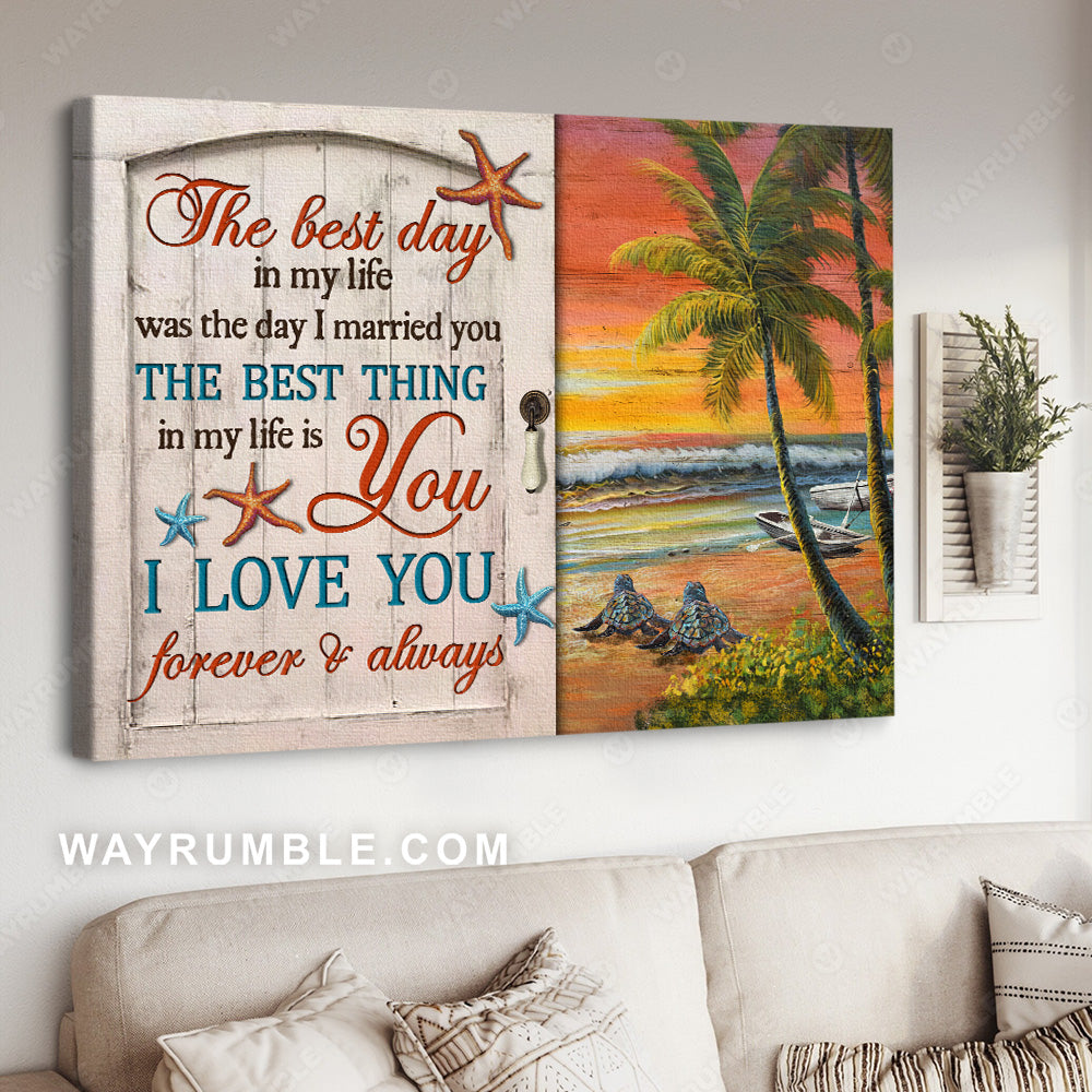 Orange sunset, Sea turtle, Coconut tree, I love you forever and always - Couple Landscape Canvas Prints, Wall Art