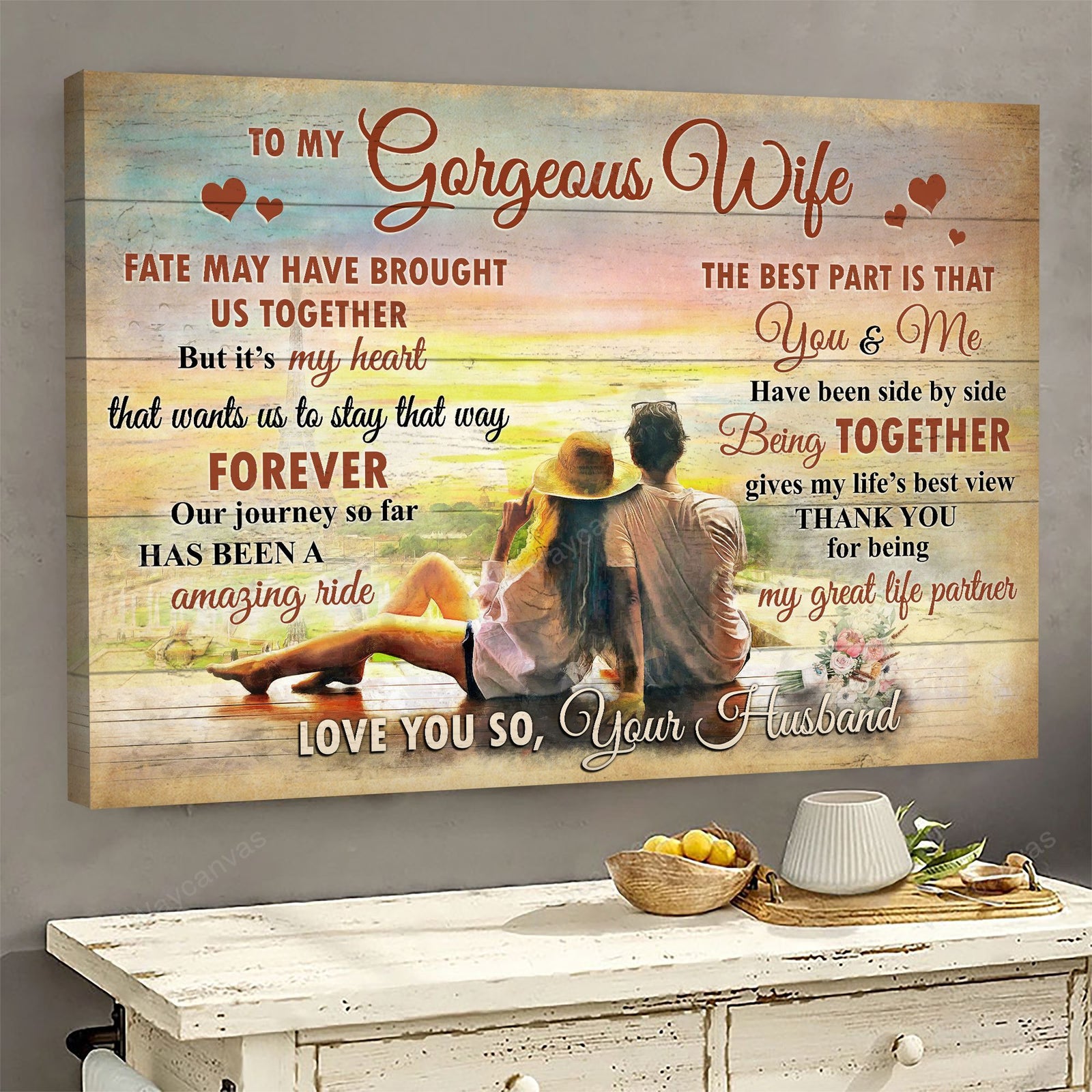 To my wife, Happy Couple, Sunset Painting, Being together give my life's best view - Couple Landscape Canvas Prints, Wall Art