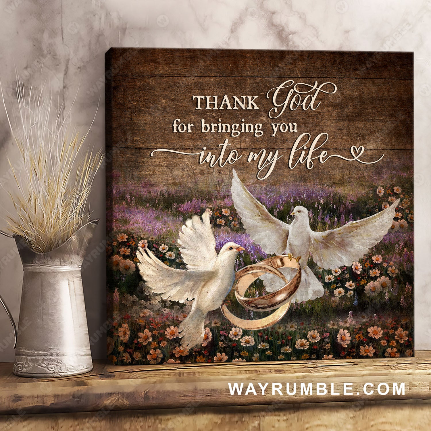 Dove painting, Wedding rings, Couple rings, Beautiful flower field, Vintage painting, Thank God for bringing you into my life - Couple Square Canvas Prints, Wall Art