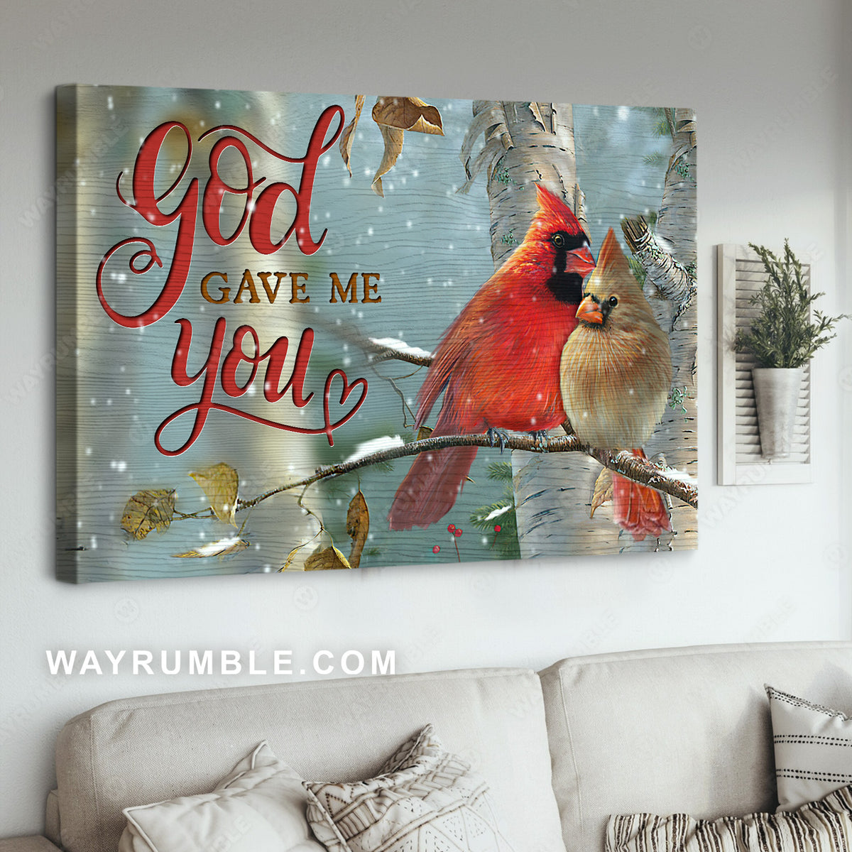 Stunning cardinal, Winter drawing, Bedroom artwork, God gave me you - Couple Landscape Canvas Prints, Home Decor Wall Art