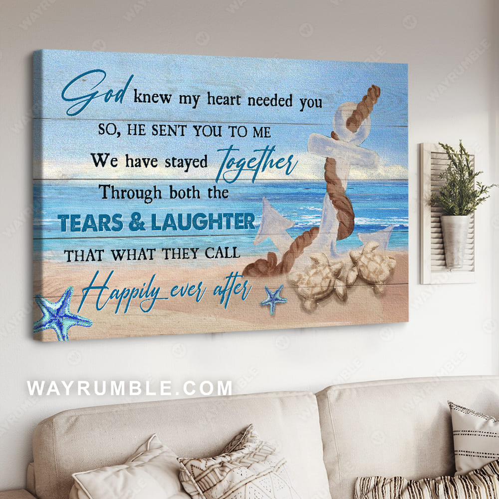 Anchor drawing, Blue island, Sea turtle, God knew my heart needed you - Couple Landscape Canvas Prints, Wall Art
