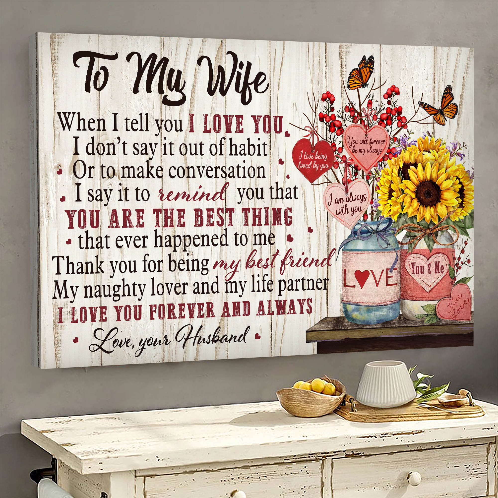 To my wife, Flower vase, Butterfly, Thank you for being my life partner - Couple Landscape Canvas Prints, Wall Art