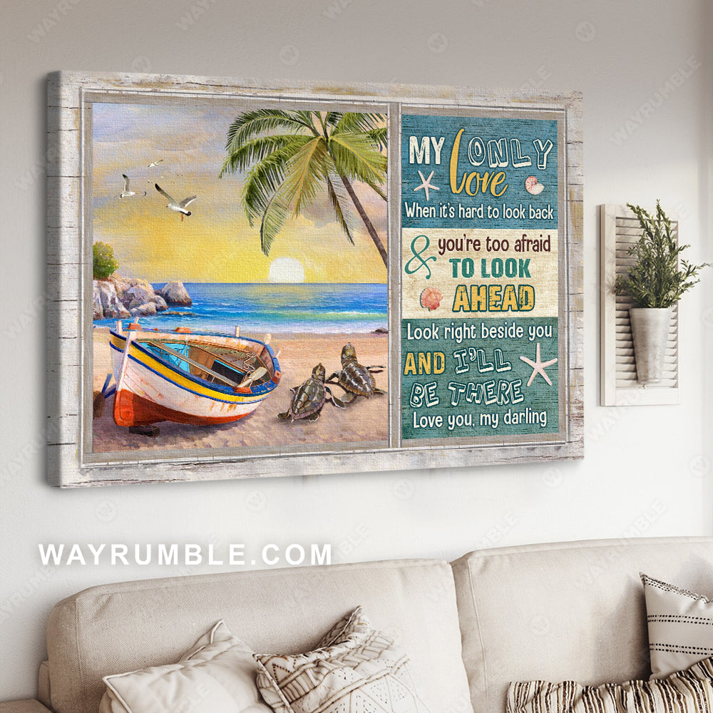 Sea turtle, On the beautiful beach, Sunrise on beach, I'll be right beside you - Couple Landscape Canvas Prints, Wall Art