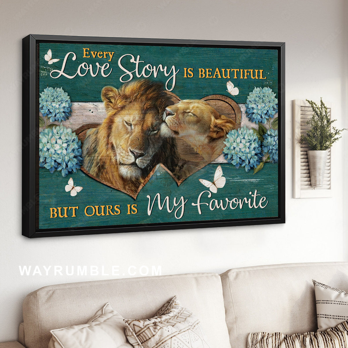 Lovely lion, Blue hydrangea, Every love story is beautiful - Couple Landscape Canvas Prints, Home Decor Wall Art