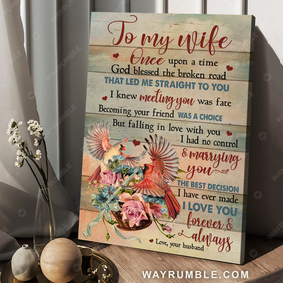 To my wife, Cardinal painting, Flower basket, I love you forever and always - Couple Portrait Canvas Prints, Wall Art