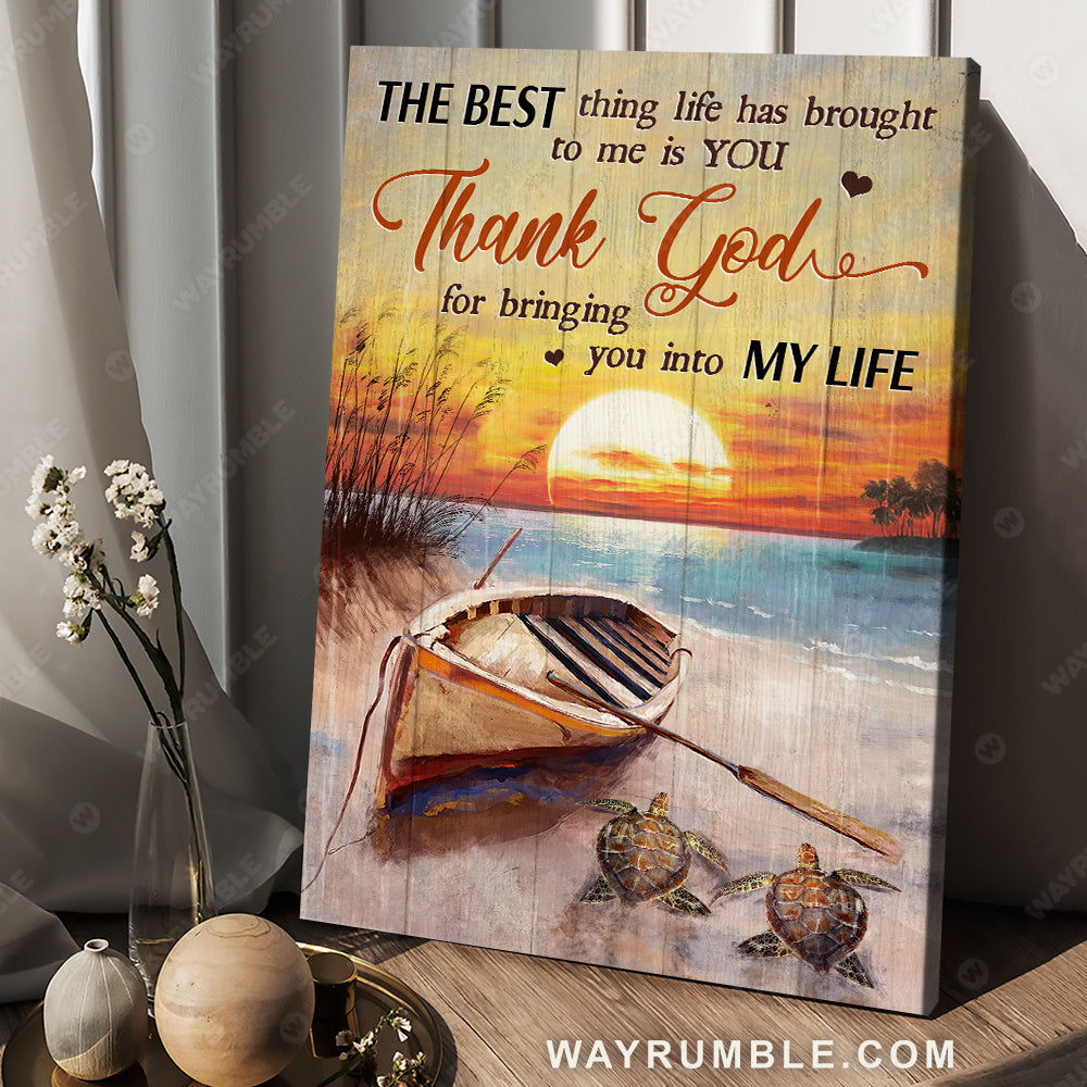 Sunset on the beach, Sea turtle, Boat on the beach, Summer sea, The best thing life has brought to me is you - Couple Portrait Canvas Prints, Wall Art