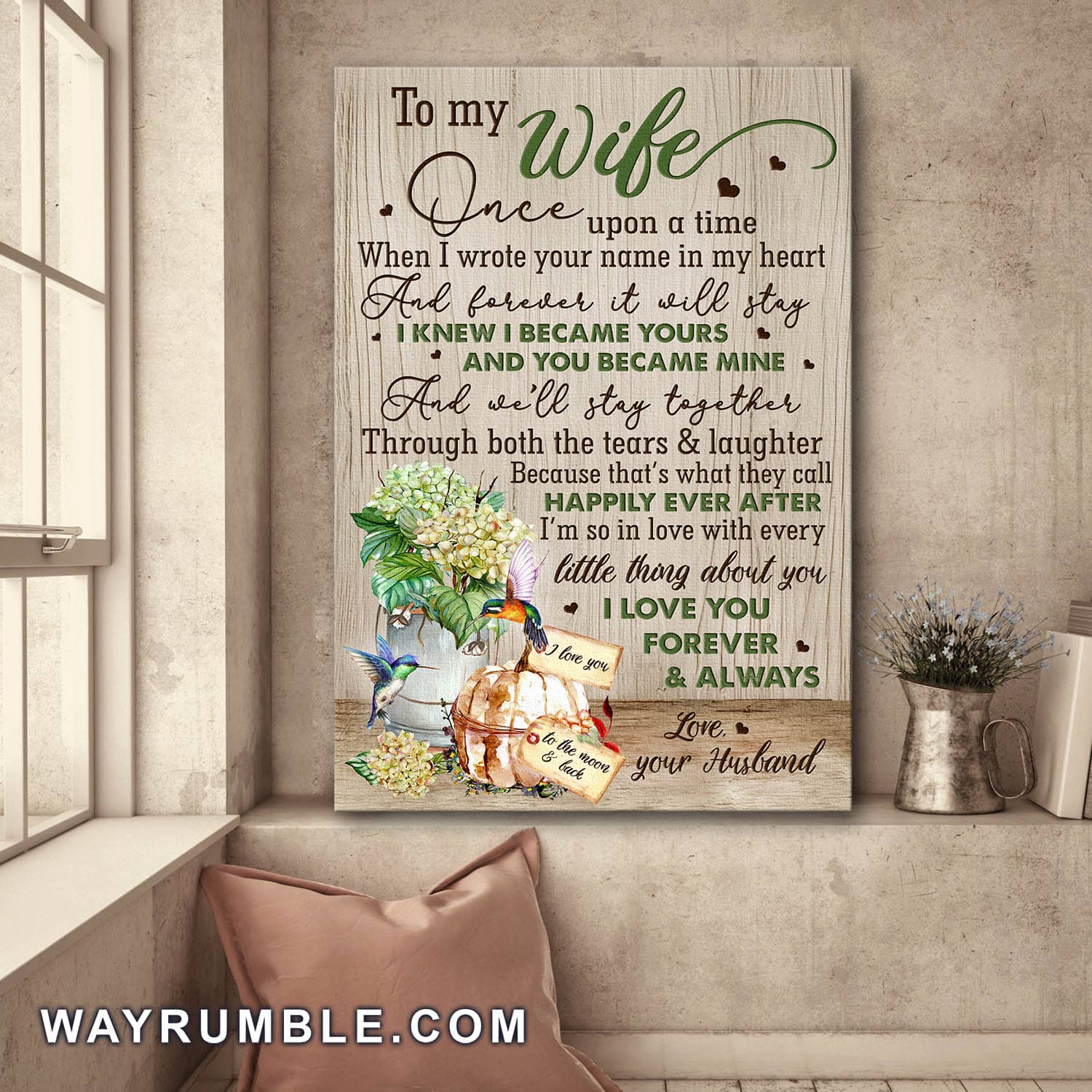 To my wife, Hummingbird, Hydrangea vase, I became yours and you became mine - Couple Portrait Canvas Prints, Wall Art