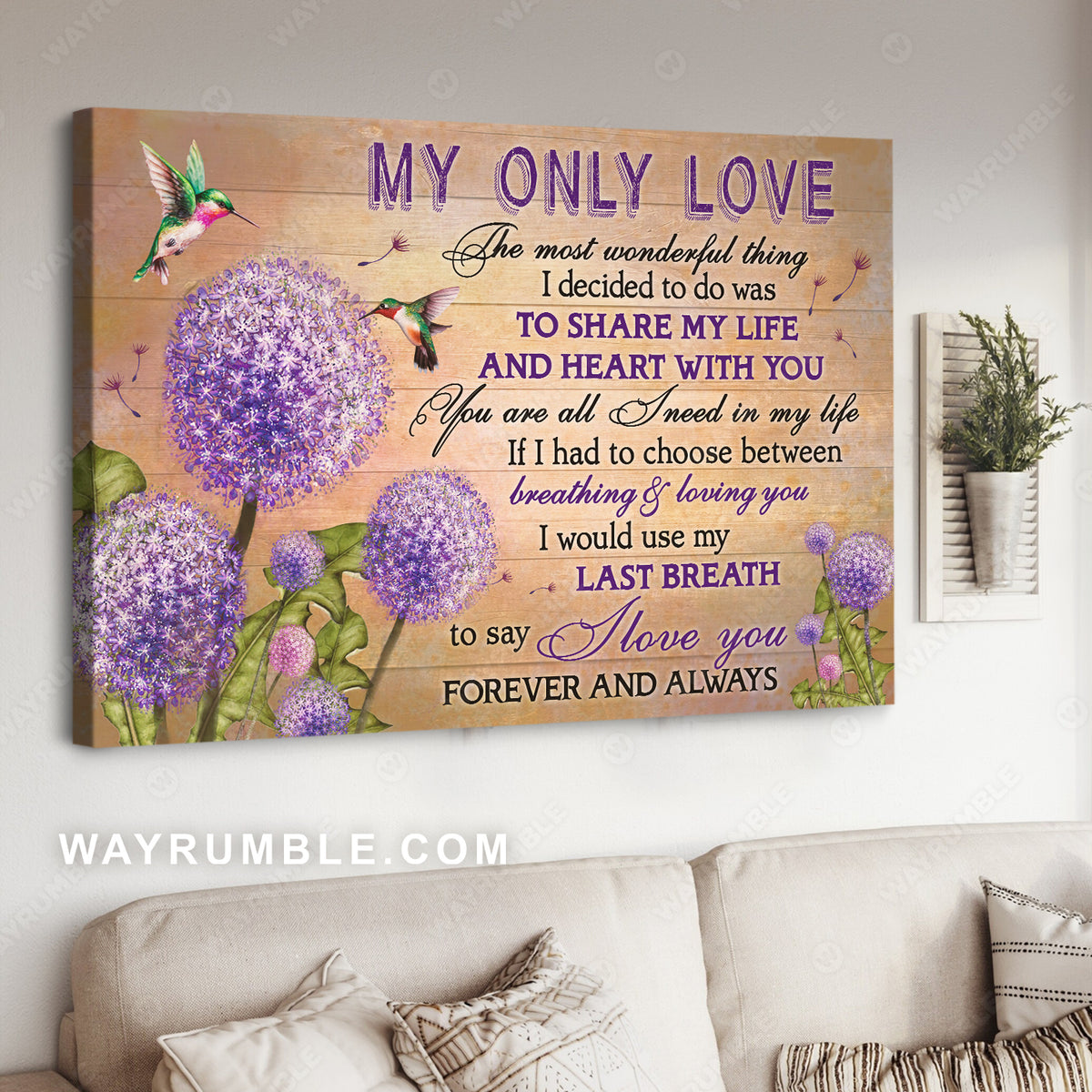 Purple Dandelion, Colorful hummingbird, I love you forever and always - Couple Landscape Canvas Prints, Wall Art