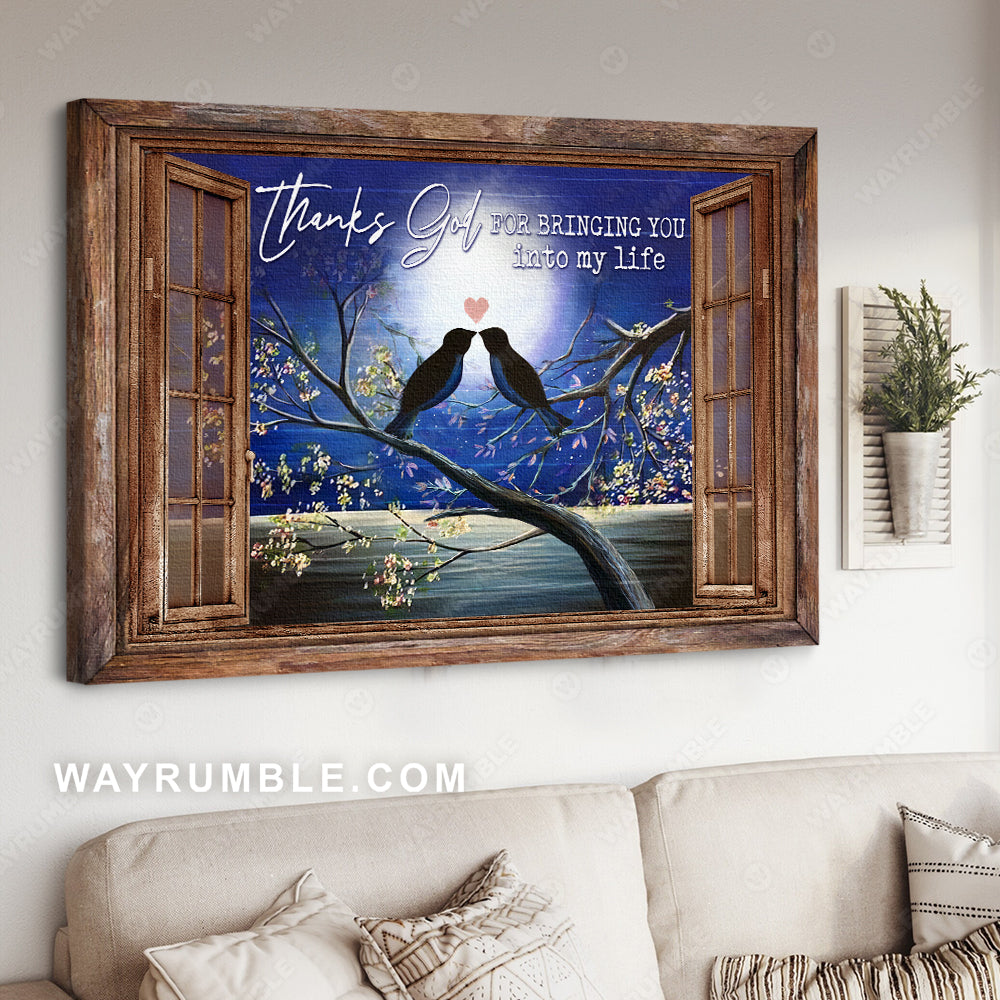 Under the night sky, Full moon painting, Bird couple, Thanks God for bringing you into my life - Couple Landscape Canvas Prints, Wall Art
