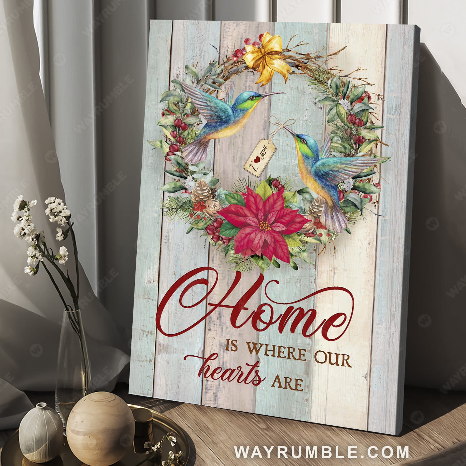 Colorful hummingbird, Christmas wreath, Poinsettia flower, Home is where our hearts are - Couple Portrait Canvas Prints, Wall Art