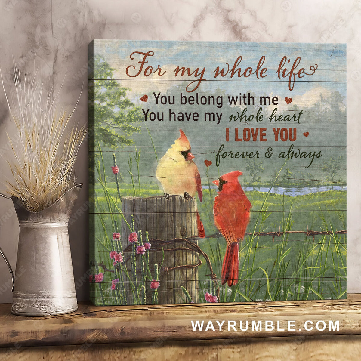 Cardinal drawing, Green rice field, Pink cactus, I love you forever and always - Couple Square Canvas Prints, Wall Art