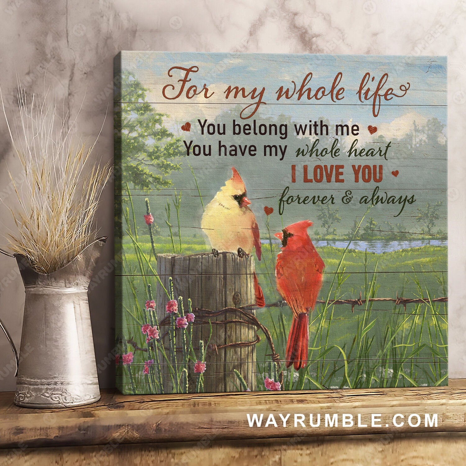 Cardinal drawing, Green rice field, Pink cactus, I love you forever and always - Couple Square Canvas Prints, Wall Art