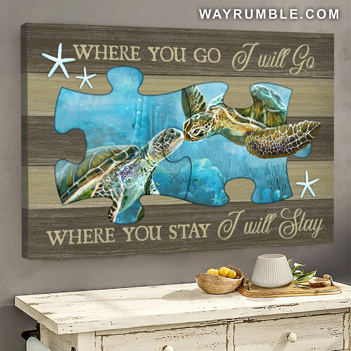 Turtle Couple, Kissing, Puzzle Piece, Where you go I will go - Couple Landscape Canvas Prints, Wall Art