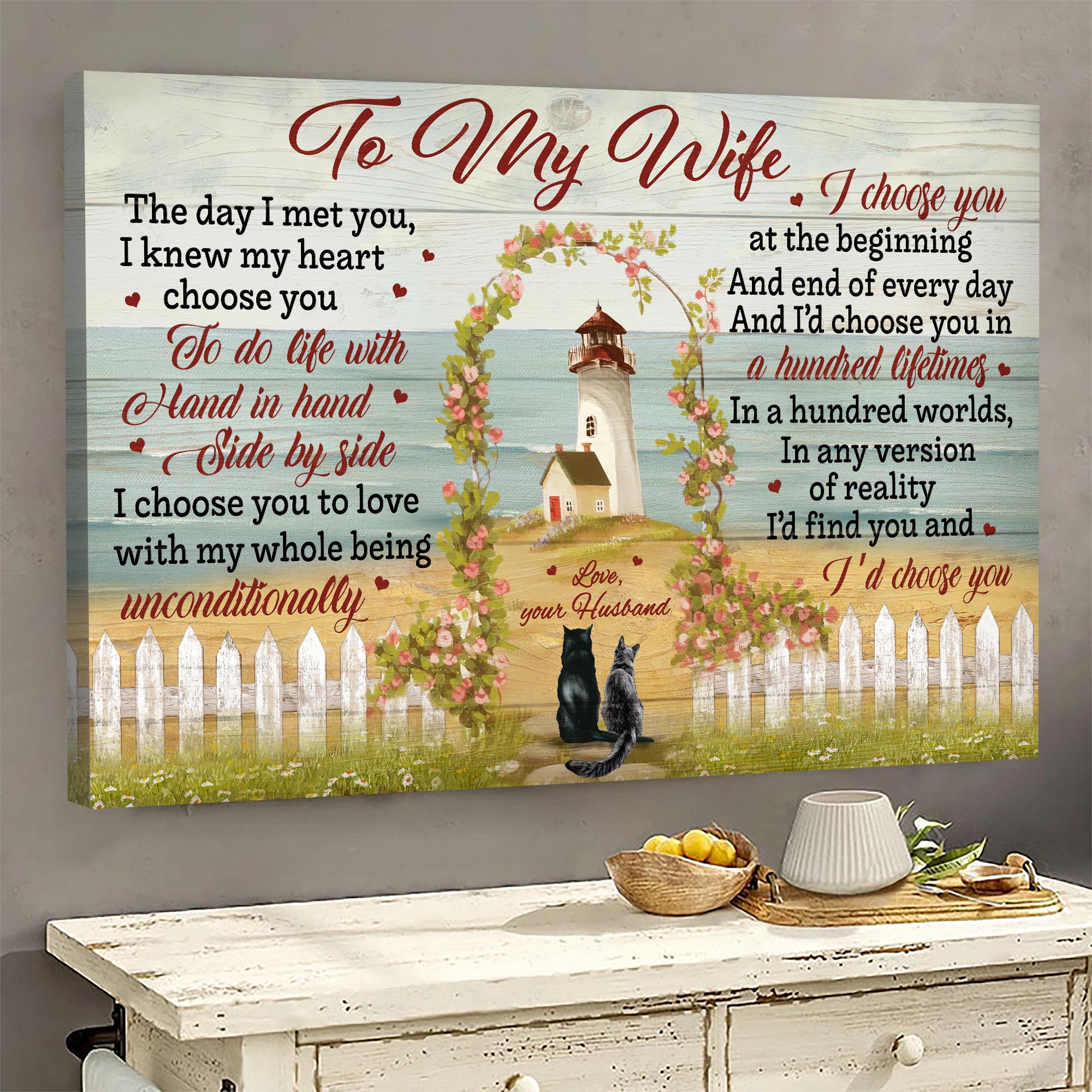To my wife, By the beach, Flower gate, Black fog and cat, I'd choose you a hundred lifetimes - Couple Landscape Canvas Prints, Wall Art