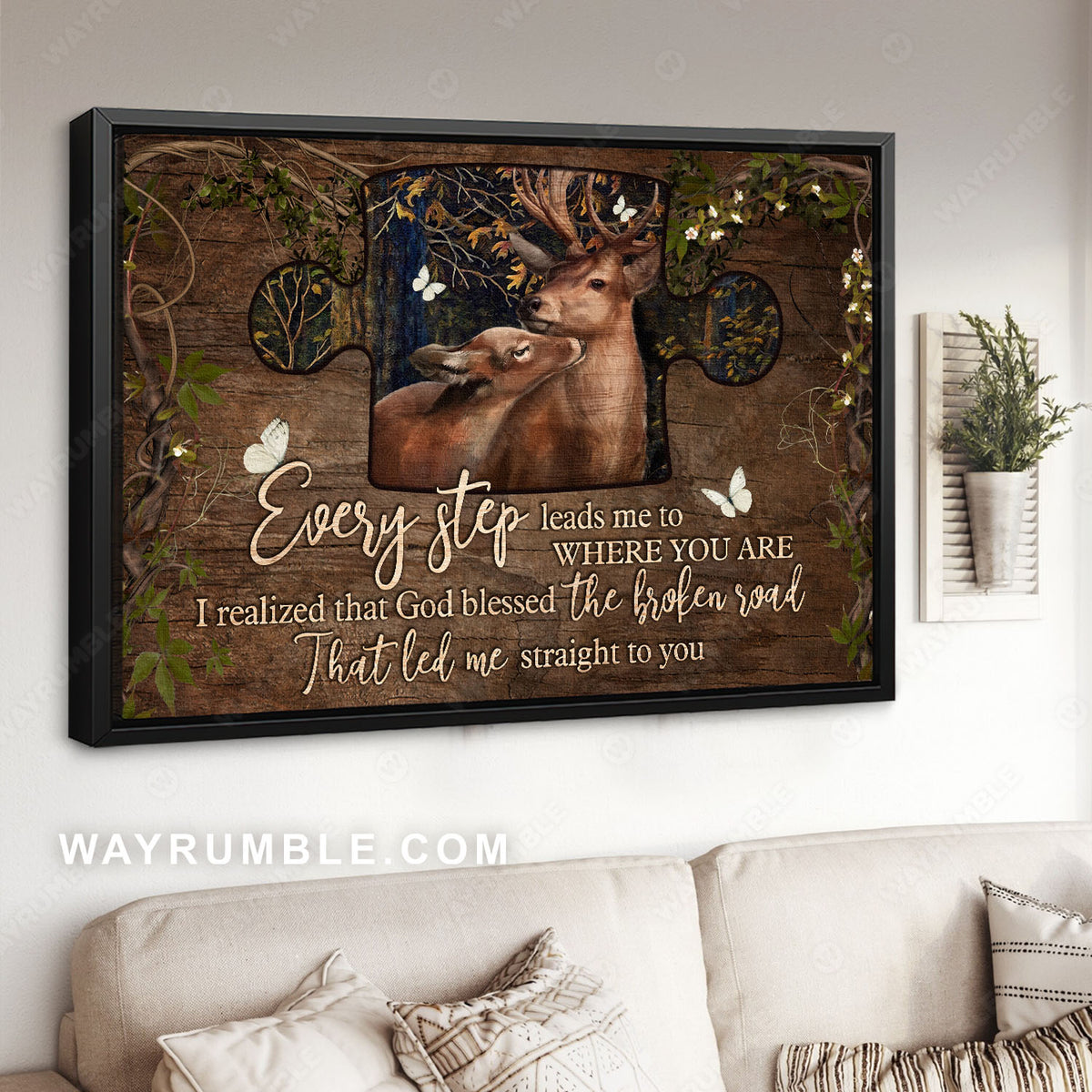 Deer couple, In the forest, Puzzle piece, God blessed the road that led me to you - Couple Landscape Canvas Prints, Wall Art