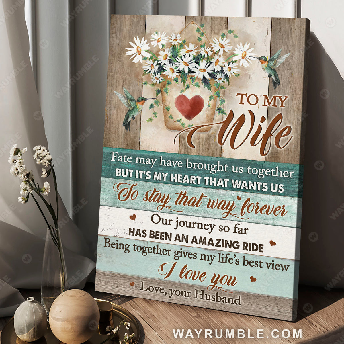 To my wife, Daisy flower, Hummingbird, Our journey has been an amazing ride - Couple Portrait Canvas Prints, Wall Art