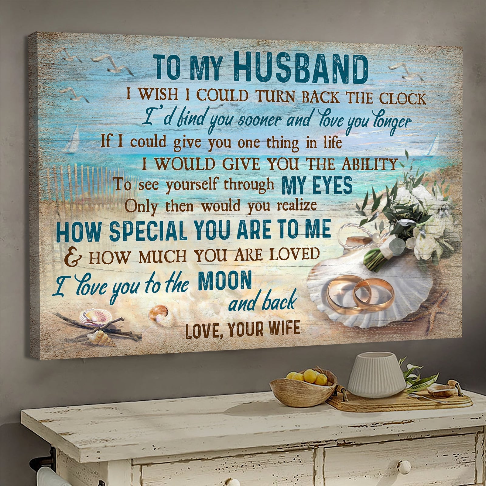 To my husband, Ring couple, Blue ocean, I love you to the moon and back - Couple Landscape Canvas Prints, Wall Art