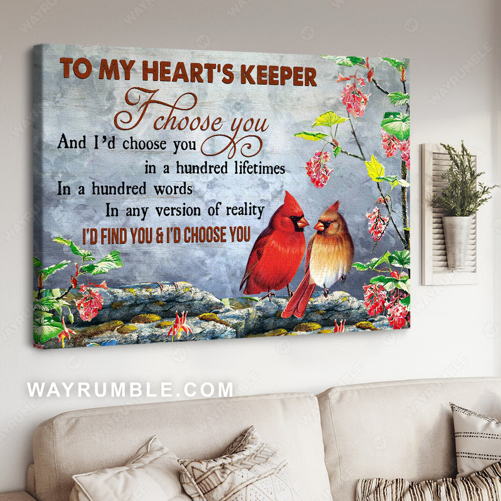 Cardinal Couple, Hibiscus, To my heart's keeper - Couple Landscape Canvas Prints, Wall Art