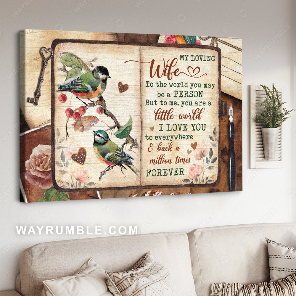 To my wife, Great tit painting, Vintage, To me you are a little world - Couple Landscape Canvas Prints, Wall Art