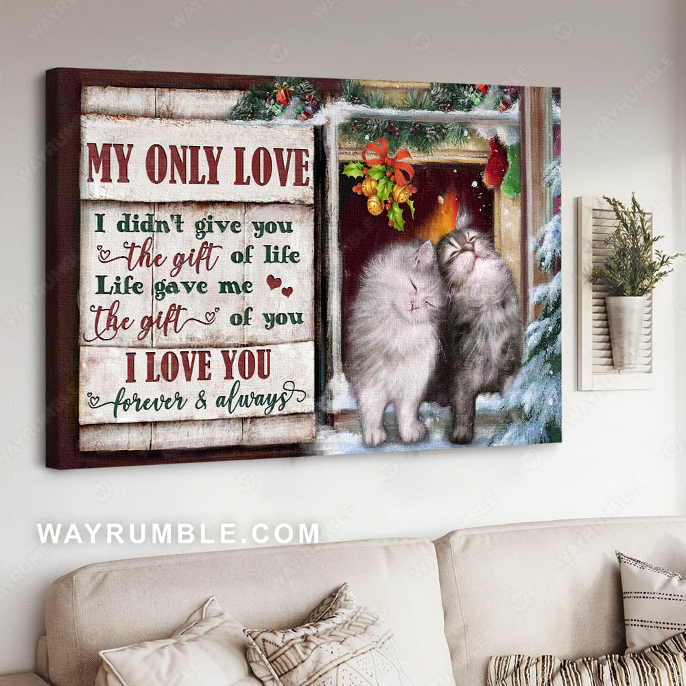 Cat painting, Christmas theme, Cats by the window, I love you forever and always - Couple Landscape Canvas Prints, Wall Art
