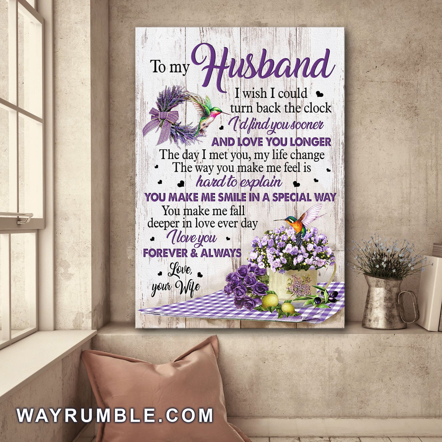 To my husband, Lavender, Purple Roses, Hummingbirds, I love you forever & always - Couple Portrait Canvas Prints, Wall Art