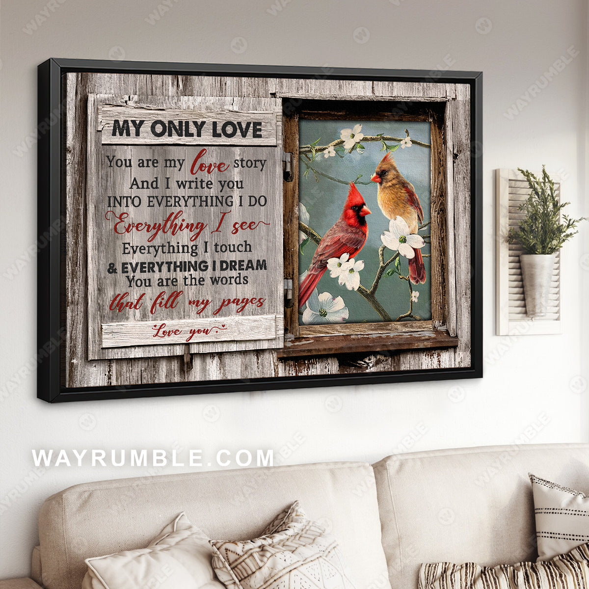 Cardinal painting, Wooden frame, Flowering dogwood You are my love story - Couple Landscape Canvas Prints, Wall Art