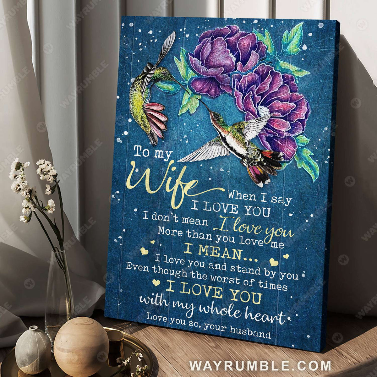 To my wife, Purple flower, Hummingbird, I love you with my whole heart - Couple Portrait Canvas Prints, Wall Art