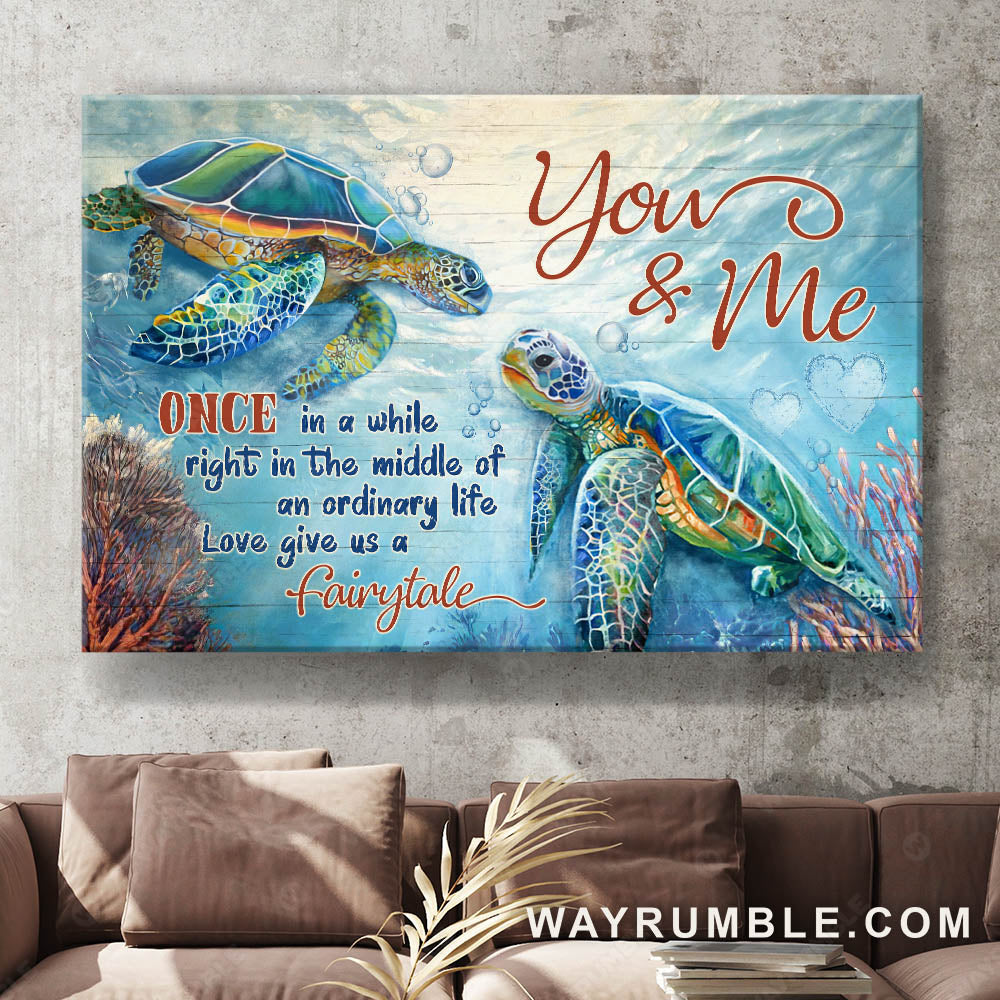 Sea turtle, under the ocean, Love give us a fairytale - Couple Landscape Canvas Prints, Wall Art