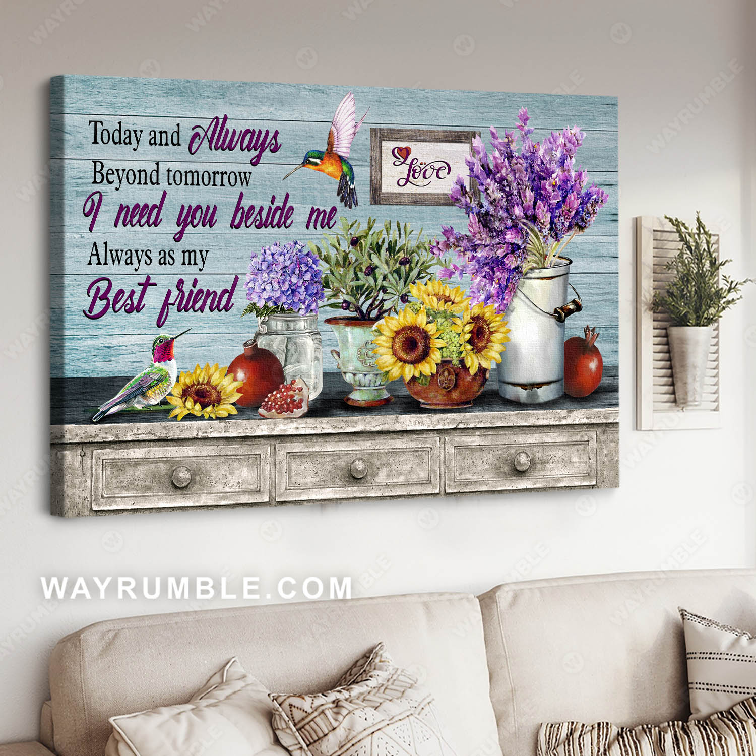 Hummingbird, Vintage flower, Lavender and sunflower painting, I need you beside me - Couple Landscape Canvas Prints, Wall Art