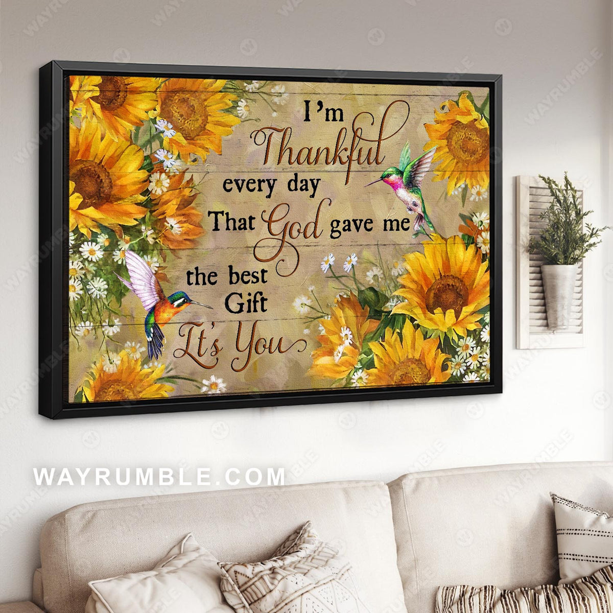 Sunflower painting, Hummingbird, I&#39;m thankful every day that  God gave me you - Couple Landscape Canvas Prints, Wall Art