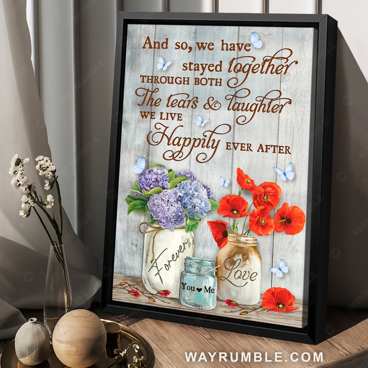 Hydrangea and Poppy flower, Flower Jar, Vintage painting, And so we have stayed together - Couple Portrait Canvas Prints, Wall Art