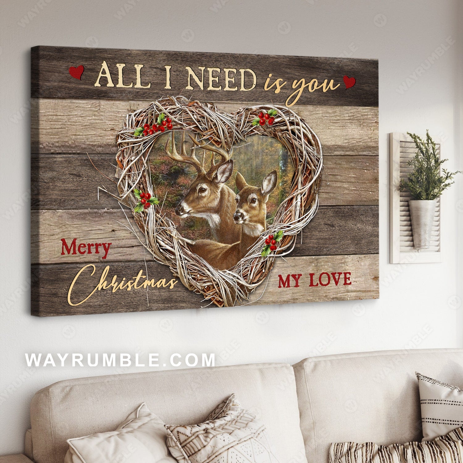 Merry Christmas, All I need is you, Deer painting, Heart shaped wreath - Couple Landscape Canvas Prints, Wall Art