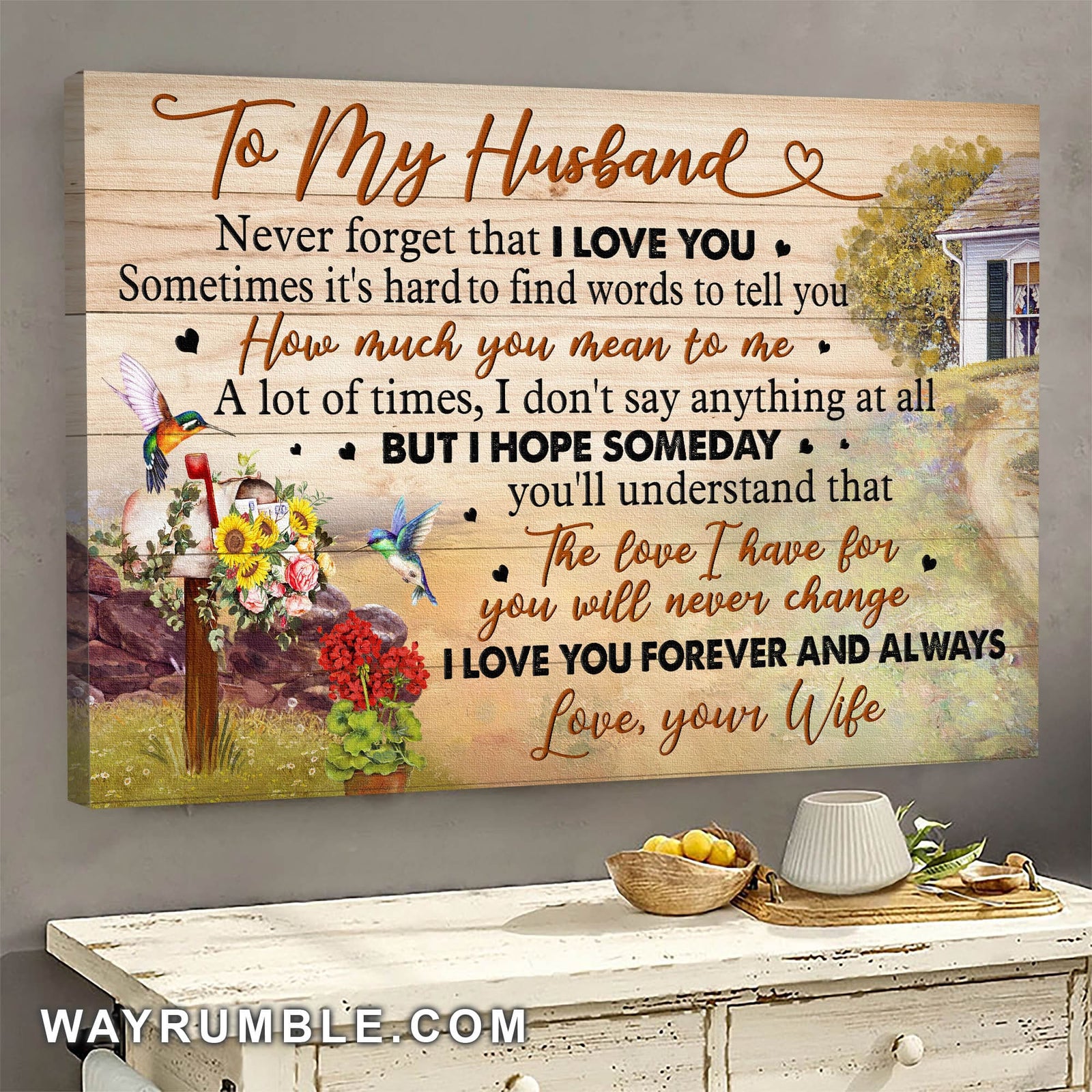To my husband, Hummingbird, Little house, Flower Mail, Never forget that I love you - Couple Landscape Canvas Prints, Wall Art