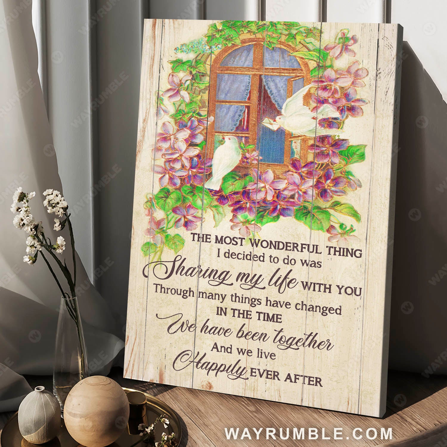 Vintage window, White Pigeon, And we live happily ever after - Couple  Portrait Canvas Prints, Wall Art