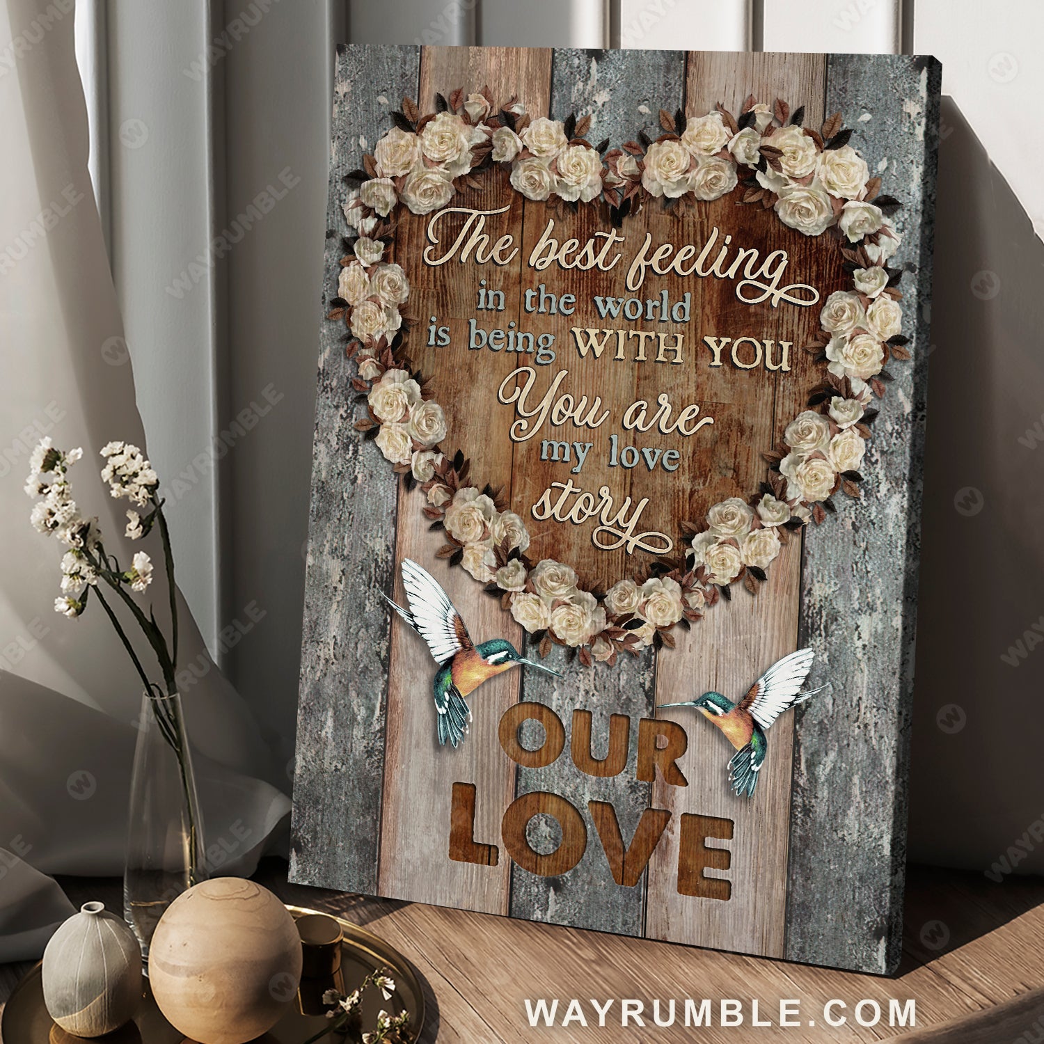 Vintage painting, Flower wreath, Rose painting, Hummingbird, You are my love story - Couple Portrait Canvas Prints, Wall Art