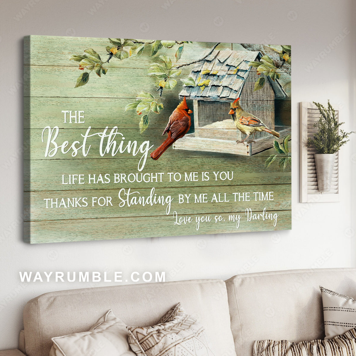 Cardinal couple, Bird house, Thank you for standing by me all the time - Couple Landscape Canvas Prints, Wall Art