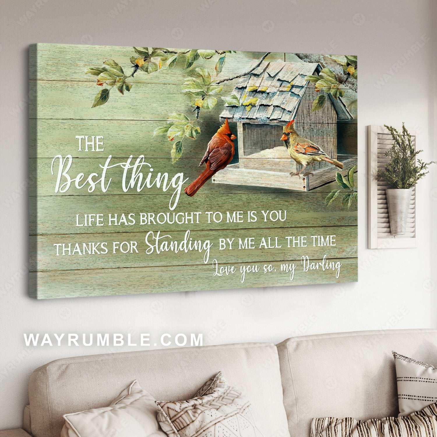 Cardinal couple, Bird house, Thank you for standing by me all the time - Couple Landscape Canvas Prints, Wall Art