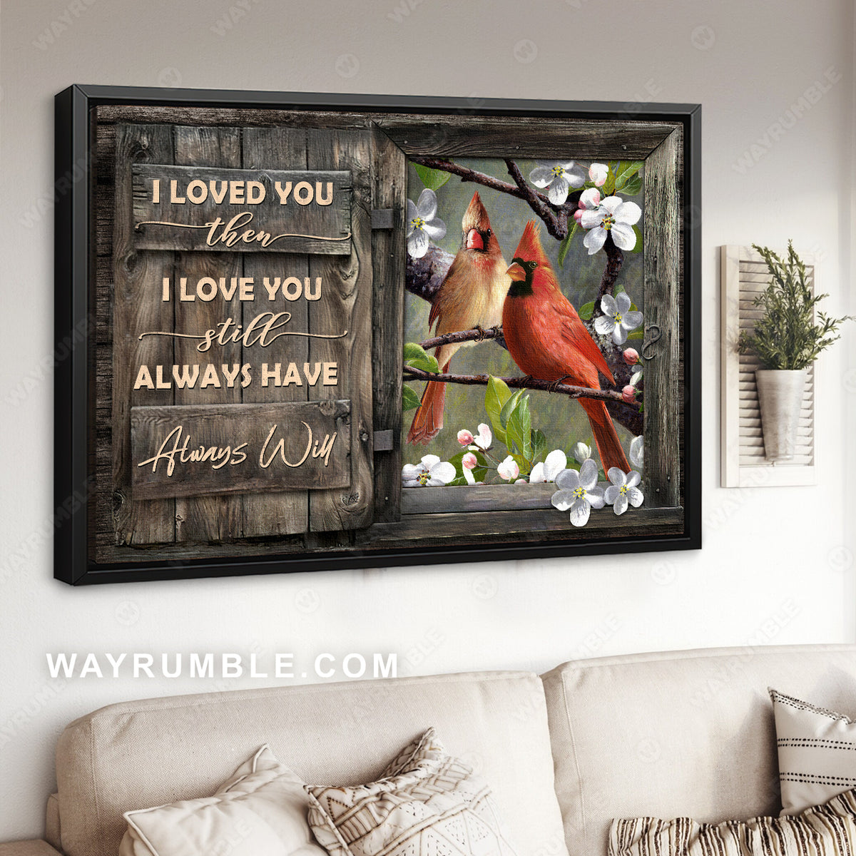 Male and female cardinal, Jasmine flower, Wood window, I loved you then - Couple Landscape Canvas Prints, Wall Art