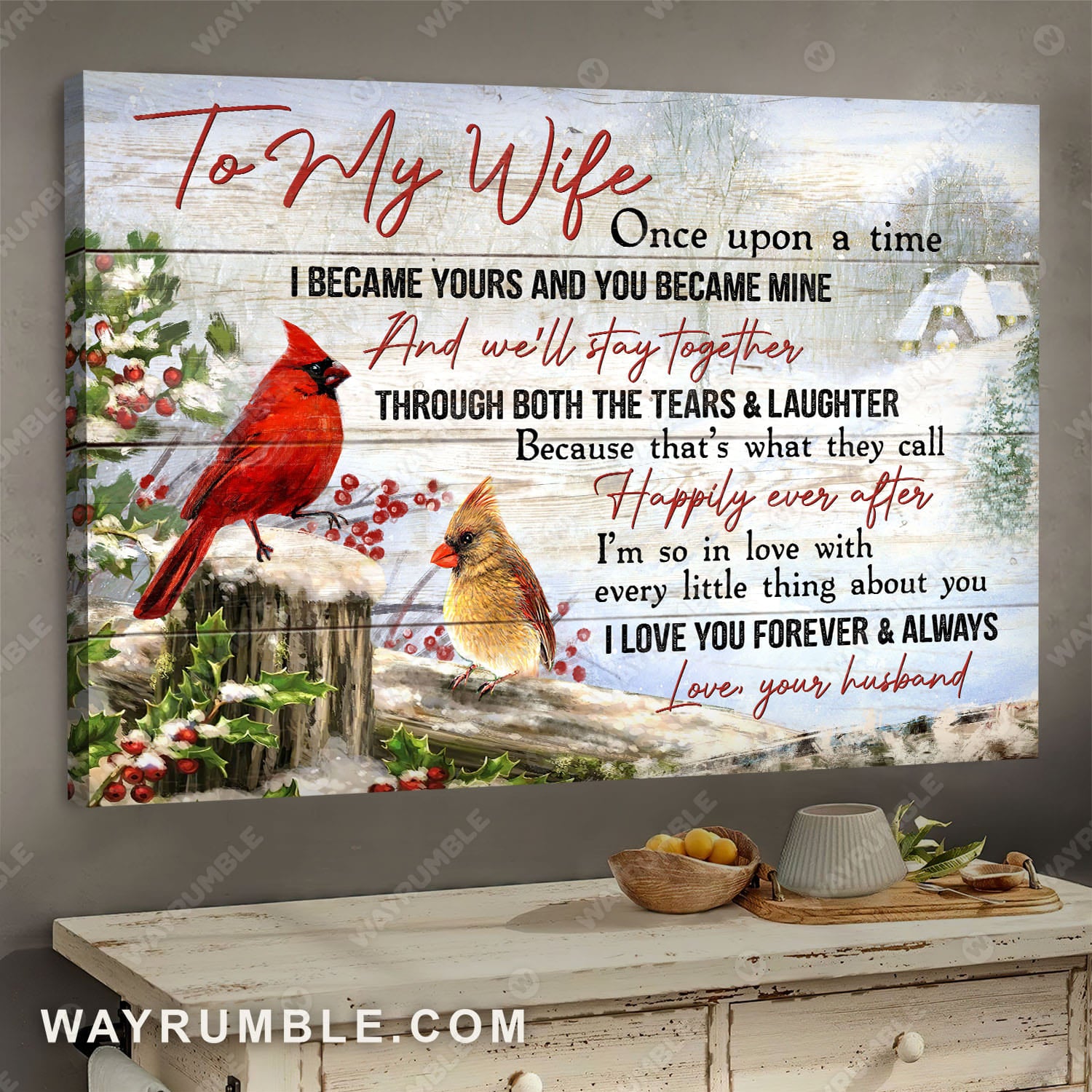 To my wife, Winter forest, Cardinal, I love you forever and always - Couple Landscape Canvas Prints, Wall Art