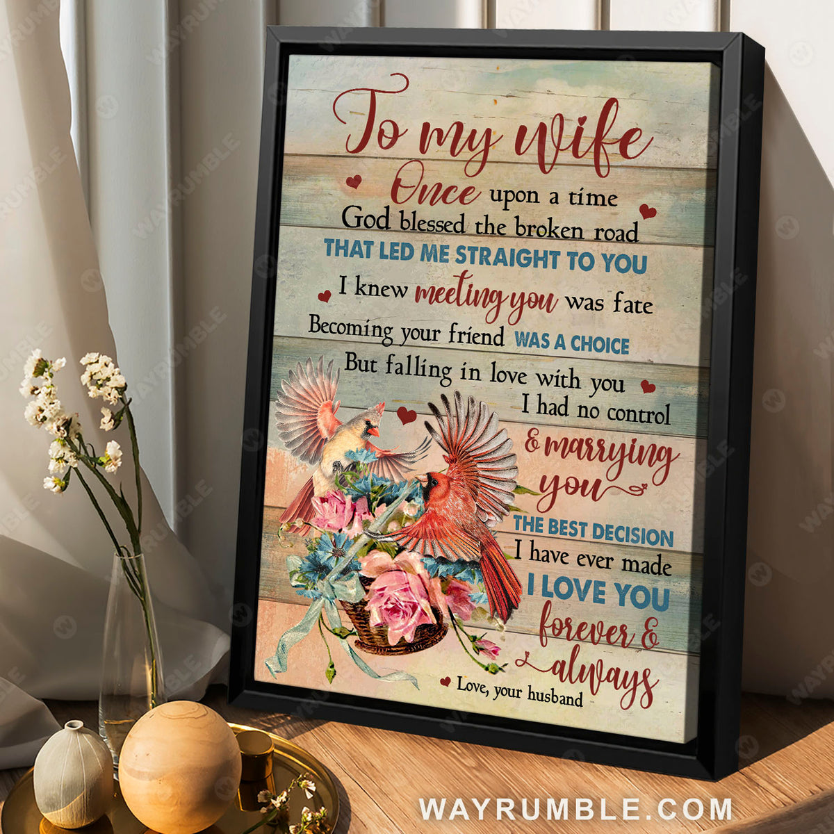 To my wife, Cardinal painting, Flower basket, I love you forever and always - Couple Portrait Canvas Prints, Wall Art