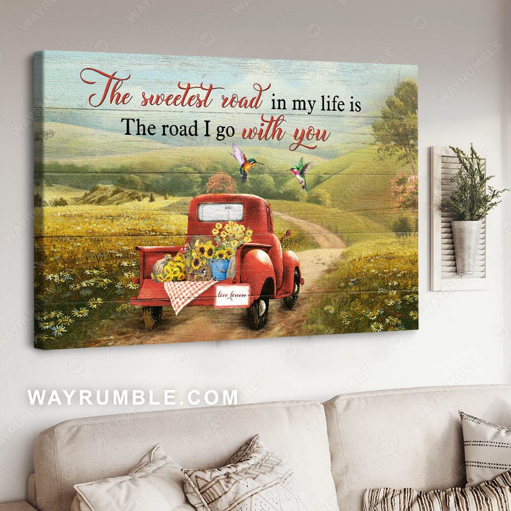 Red truck, Countryside painting, The sweetest road is the road I go with you - Couple Landscape Canvas Prints, Wall Art