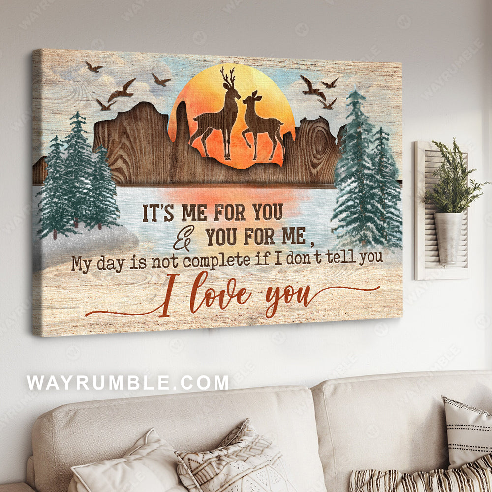 Deer couple, Sunset landscape, Mountain and river, Wood carving, It&#39;s me for you and You for me - Couple Landscape Canvas Prints, Wall Art