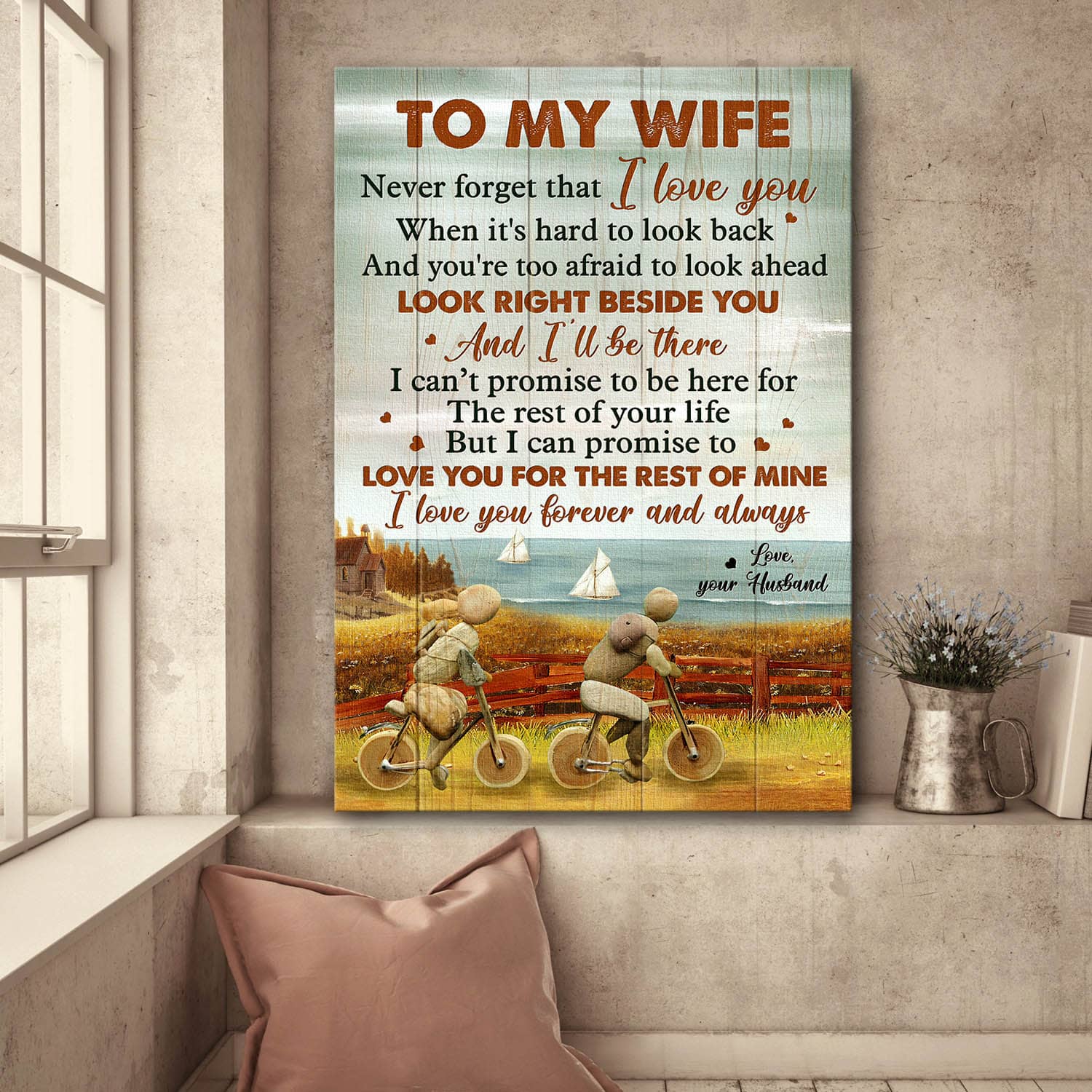 To my wife, Pebble Coup, On the bicycle, Seaside, I promise to love you for the rest of my life - Couple Portrait Canvas Prints, Wall Art