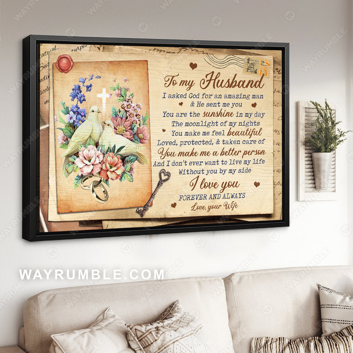 To my husband, Vintage letter, Love postcard, You are the sunshine in my day - Couple Landscape Canvas Prints, Wall Art