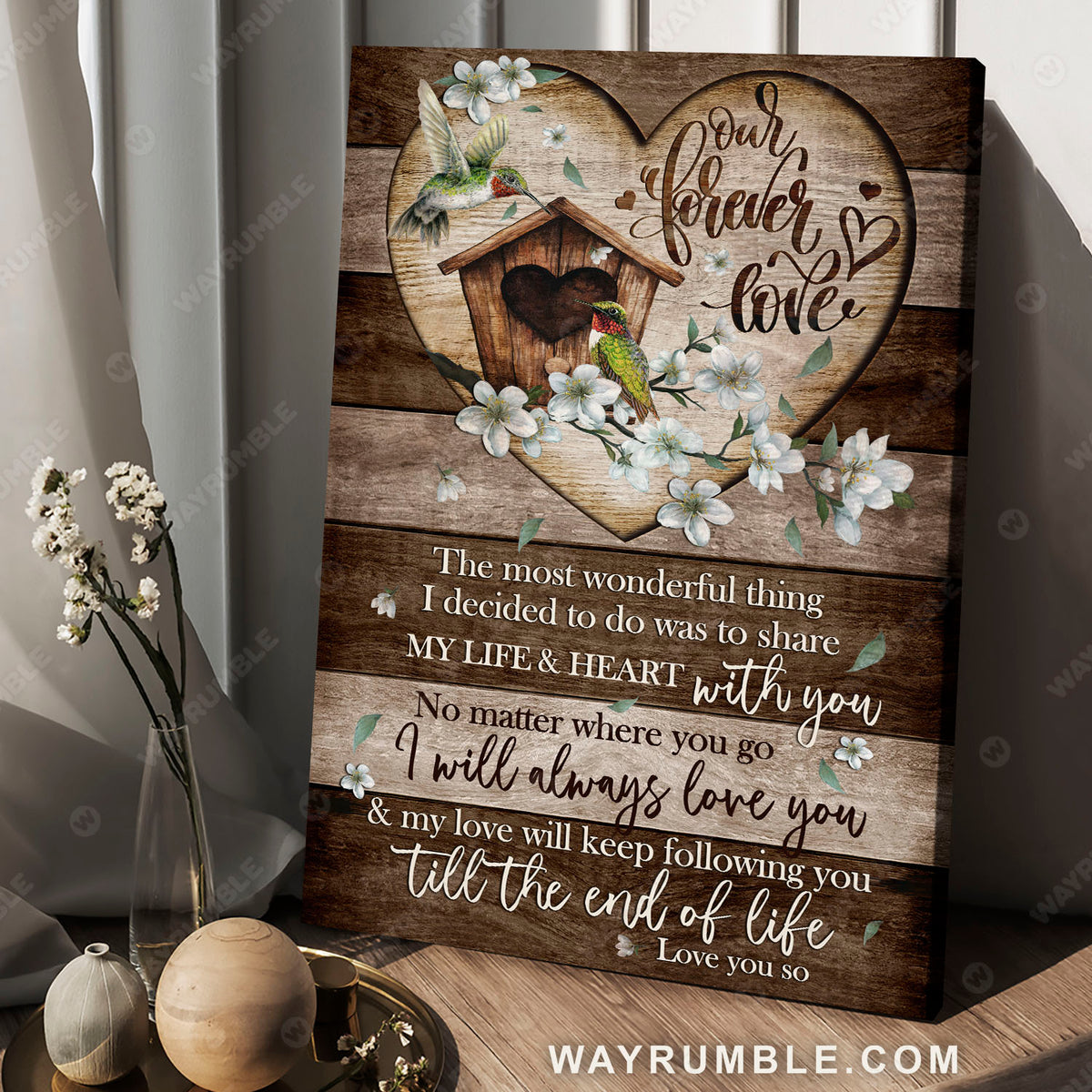 Wooden bird house, Jasmine flower, Wooden background, I will always love you - Couple Portrait Canvas Prints, Wall Art